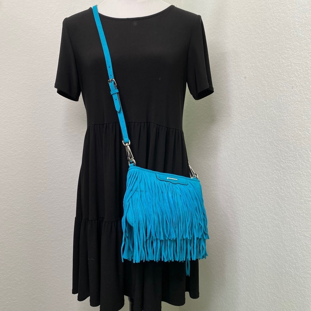 Rebecca Minkoff Finn Crossbody Womens Deep Cyan Blue Suede Fringe Boho Bag NEW